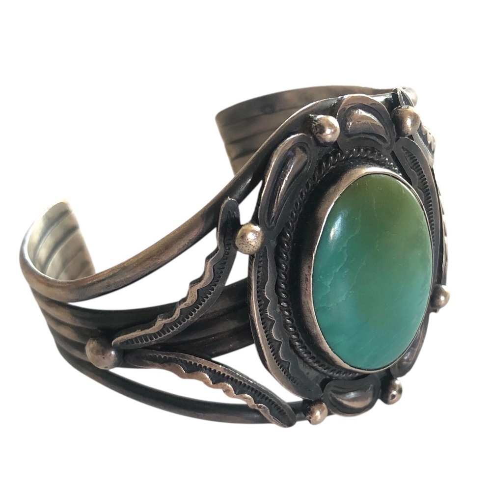 VINTAGE Navajo Gilbert Tom Turquoise Sterling Silver Cuff Bracelet Stamped